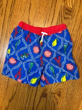 Mini Boden Boys Swim Trunks, Bright Blue Tropical Tile, size: 5-6Y
